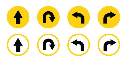 Go Straight, U-Turn, Left and Right Arrow Black and White Traffic Direction Icon Set – Round Road Sign Symbols Collection, Navigation Arrows, Highway Direction Signs, Vector Illustration Pack for Maps © Ibrahim Creative420