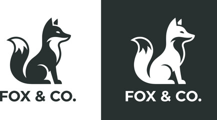 Fox logo silhouette design, black and white animal emblem vector isolated on background template