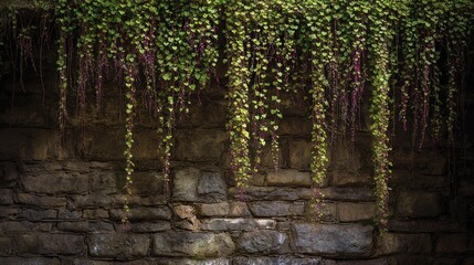 Hanging green ivy and vine growth against a textured stone brick wall background