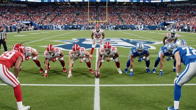 Football teams prepare for play at stadium during a game with cheering fans in the stands and bright field lights