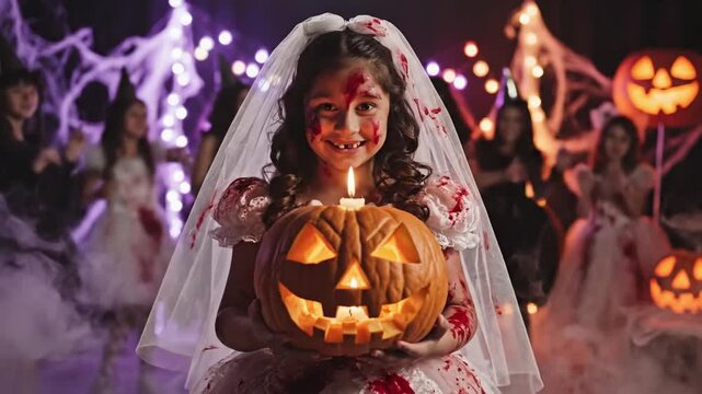 Girl in costume holds pumpkin during Halloween celebration with decorations and friends in background
