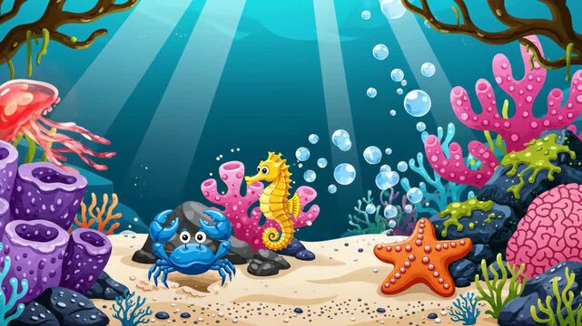 Dive into the deep blue sea. Detailed cartoon illustration of a vibrant coral reef, seahorse, crab, and jellyfish for kids' media.
