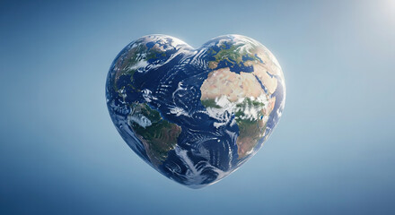 Globe shaped like heart floating in clear blue sky represents love for earth environmental conservation and global unity with realistic satellite view of continents clouds