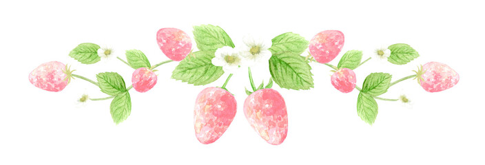 Watercolor pink strawberry border with white flowers. Hand-painted fruit footer illustration.-300dpi-