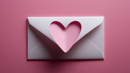 White envelope with pink paper heart cutout on pastel background, illustrating a Valentine's Day concept for romantic messages and cards
