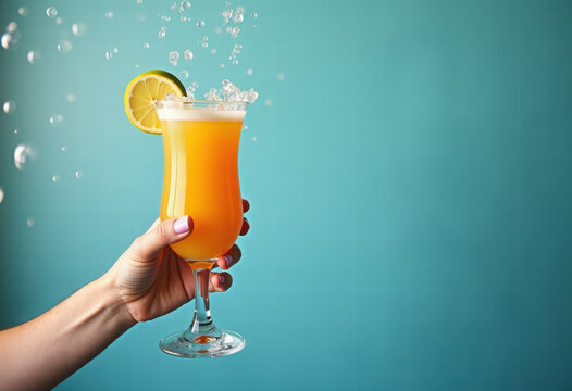 summer blue background with copy space and a refreshing drink in a glass in a woman's hand. vacation by sea