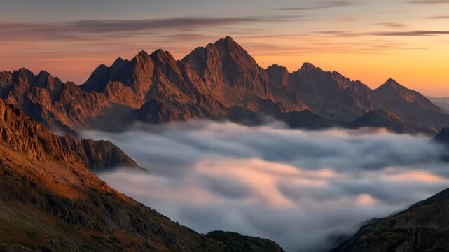 Dramatic mountain landscape at sunrise with rugged peaks towering above a serene cloud inversion filling the valley.
