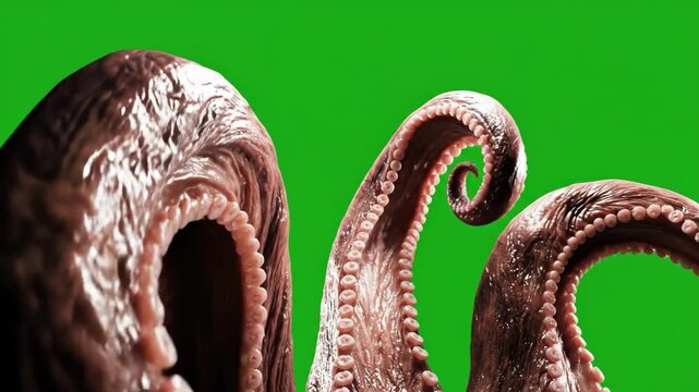 Monster from the Deep: Close-up of three detailed octopus tentacles with suckers on a green screen, ideal for chroma key effects and creature design.