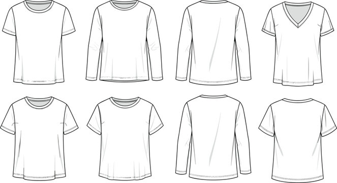Set of vector technical sketches for blank white t-shirts including long sleeve short sleeve and v-neck mockups for fashion design
