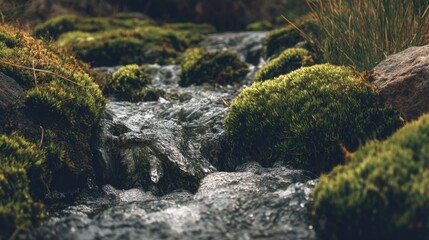 Tranquil Stream Flowing Over Green Mossy Rocks in a Lush Forest Setting Surrounded by Nature&rsquo;s Beauty and Serenity