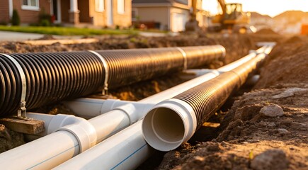 Corrugated and PVC pipes installed in ground trench