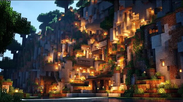 Enchanting blocky fantasy village built into a mountain illuminated by warm lights at night, digital art from a creative crafting game world.
