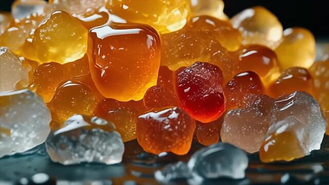 Close-up of translucent golden and white boba pearls mixed with ice, creating a refreshing and delightful dessert texture