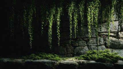 Green ivy hanging over stone wall in dimly lit environment