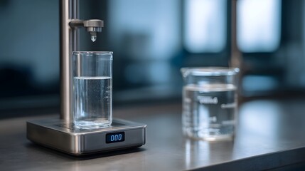 A scientific instrument dispenses a drop of liquid into a beaker on a digital scale in a laboratory