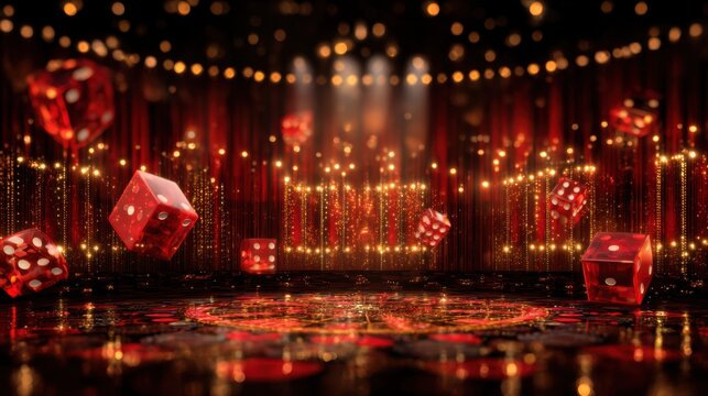 Glittering red and gold casino dice background with luxury stage lighting