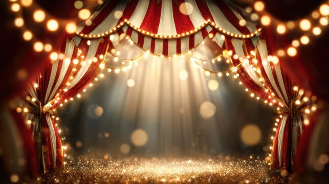 Vintage circus stage curtain background with glowing lights and spotlight
