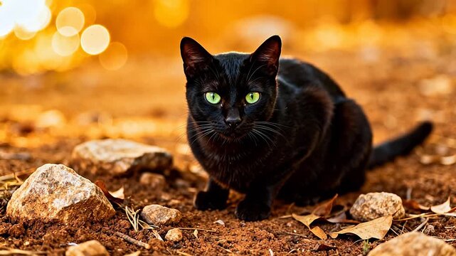 Black cat with green eyes on ground