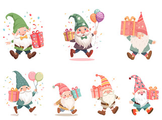Naklejka premium Cute adorable cartoon gnome holding a gift box isolated on transparent background, flat design illustration