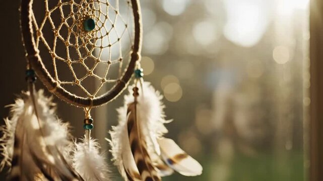 Beautiful dream catcher swaying in the sunlight near a window during the late afternoon