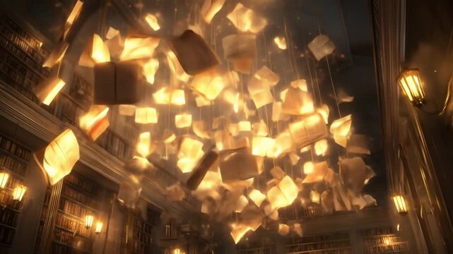 Enchanting scene of glowing magical books and illuminated pages levitating in a grand old library, symbolizing knowledge and fantasy.