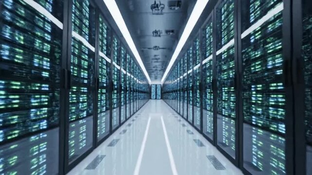 Inside a data center with rows of servers and equipment working together to store and process information efficiently