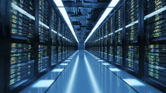 Exploring a data center with rows of servers and bright lights in a technology hub at night
