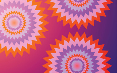 Vibrant Color Burst Starbursts In Purple Gradient Background With Pink Orange Zigzag Patterns Radial Design