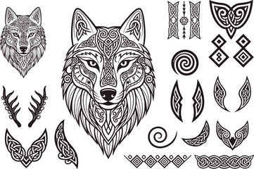 Obraz premium Celtic Wolf Head Vector Set with Norse Viking Knotwork Ornaments Tribal Geometric Patterns and Totem Elements for Laser Engraving Tattoo Designs and Coloring Pages
