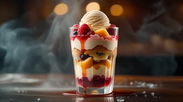 Layered dessert parfait in a glass with ice cream, berries, fruit, and cake, with steam rising.