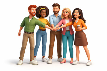 Workers Joining Hands in Center Team Gesture in Warm Full Body 3D Render