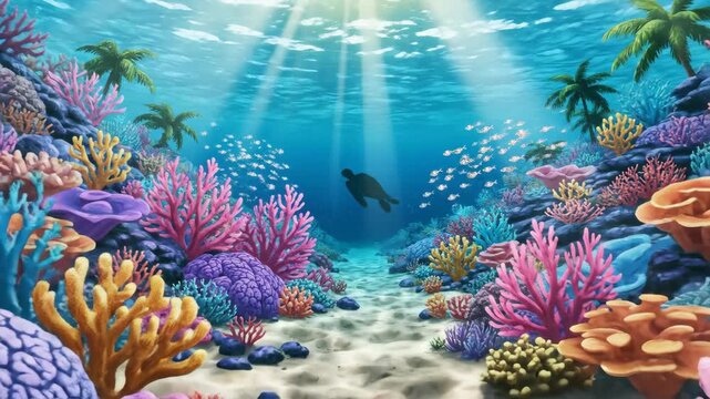 Vibrant cartoon coral reef scene featuring a school of clownfish and sea turtles swimming through colorful corals under bright sun rays. Ideal for animation or kids' media.