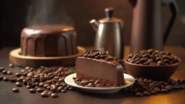 A rich chocolate cake with steaming coffee pot and beans, decadent dessert and beverage setting.