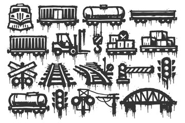 Obraz premium Grunge train icons collection featuring railroads, cargo, and signals.