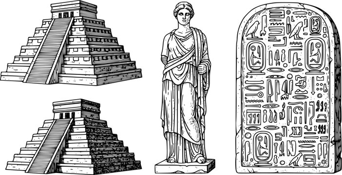 Black and white vintage style line art set of ancient stone monuments and sculptures including stepped pyramids statue and carved tablet
