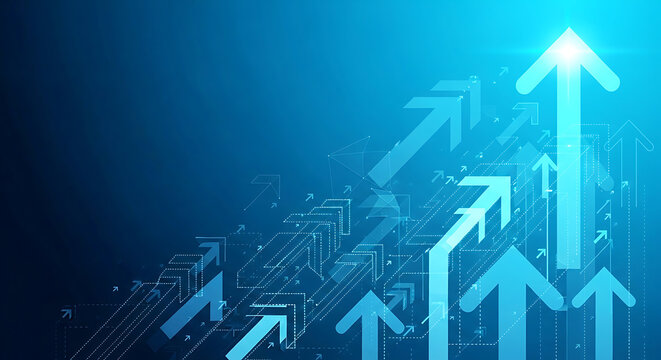 A blue graphic illustration of multiple arrows pointing upwards in a digital design concept