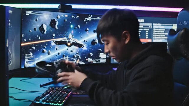 Gamer plays space battle game in dark room with multiple screens and colorful lights