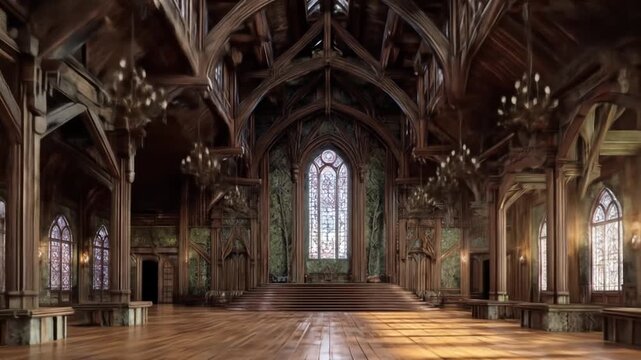 Majestic Grand Fantasy Hall Interior with Ornate Wooden Architecture, High Beamed Ceiling, and Stained Glass Window