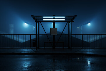Naklejka premium 3D rendering of a modern illuminated bus stop on a city street at night