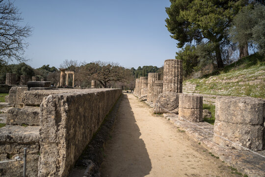 Historic ruins of Ancient Olympia, archaeological site and birthplace of the Olympic Games, Greece.