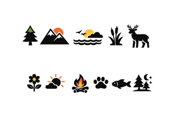 Fototapeta premium This set of eleven flat nature icons includes silhouettes of mountains, a deer, a campfire, and various weather symbols like the sun and moon on a black background.