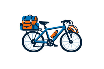 Fototapeta premium A blue bicycle illustration featuring an orange and blue backpack on the rear rack, a water bottle, and a matching helmet on the handlebars, set against a black background.
