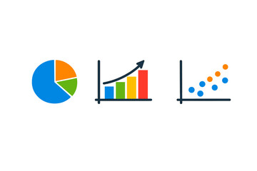 Three colorful data visualization icons including a pie chart, a bar graph with an upward growth arrow, and a scatter plot are displayed against a solid black background.