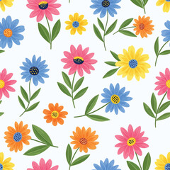 Colorful spring nature collection featuring a seamless floral pattern with pink daisy and orange gerbera blossom vector illustration.