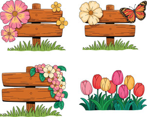 Fototapeta premium Wooden signs and flower arrangements with butterflies for decoration and design on eps vector