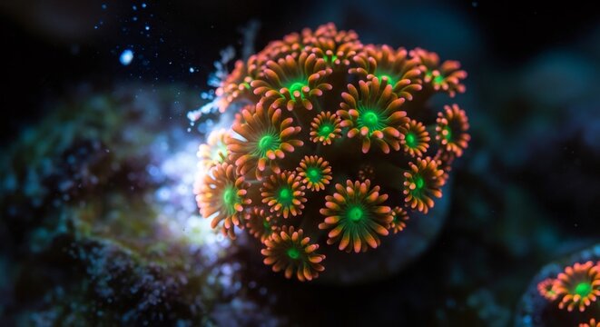 Vibrant zoanthid coral glows in an underwater ecosystem. Marine biology research and ecology concept. Reef conservation and ocean life.