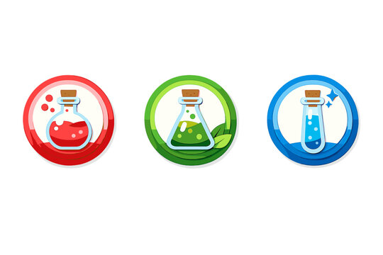 Three circular game icons featuring glass potion bottles with red, green, and blue liquids. Each icon includes decorative elements like bubbles, leaves, and sparkles on a black background.
