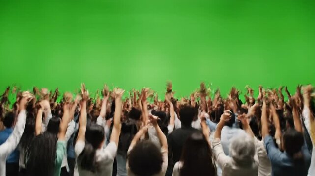 Crowd participates in activity at green screen studio during filming session in downtown at midday