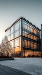 Fototapeta premium Modern office building exterior with glass facade and warm evening lighting high resolution picture
