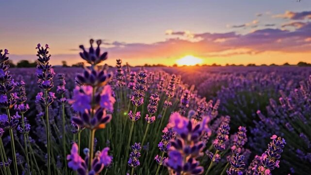 Lavender fields bloom at sunset with bees buzzing nearby in a quiet landscape with flowers and sky